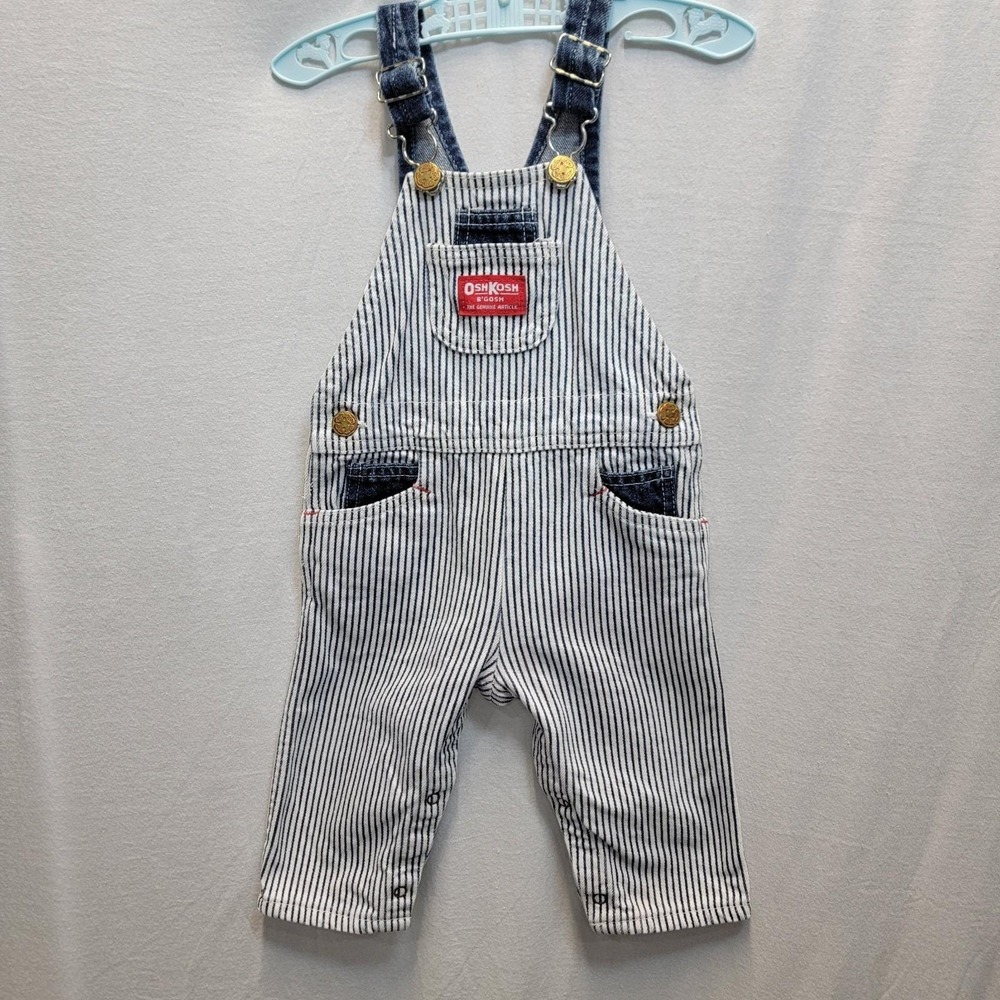 Vtg 70s 80s Union Made USA OshKosh B'gosh Hickory Stripe Overalls Sz 18mo Redtag